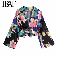 traf women fashion with knot floral print crop blouses vintage three quarter sleeve side zipper female shirts chic tops
