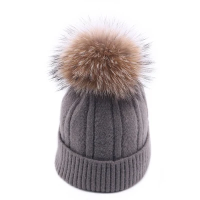 Gray Зимняя женская вязаная шапка Skullies, Женская бини, шапка с настоящим помпон из лисьего меха, Роскошные плотные теплые уличные Лыжные шапки Gorro для девочек - Цвет: Gray