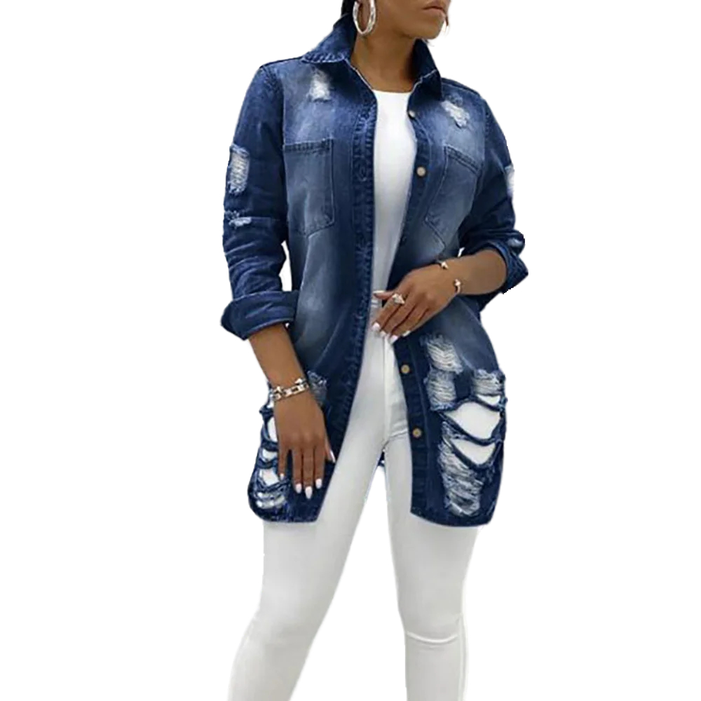 

Jean Jacket Women Denim Jackets Blue Jean Jacket Hot Tassel Ripped Denim Jacket Women Hole New Fashion Denim Blue Long Coat