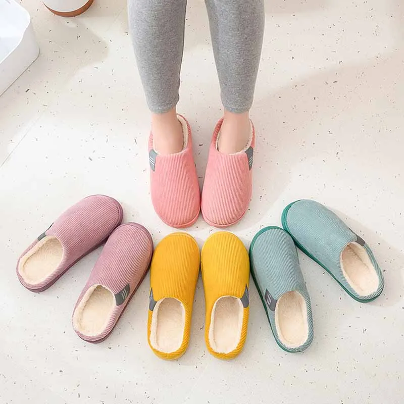 

New Mens SLipper Solid Color Couples Autumn Winter Home Cotton Shoes Man Warm Indoor Beadroom Slides Stripe Cotton Slippers