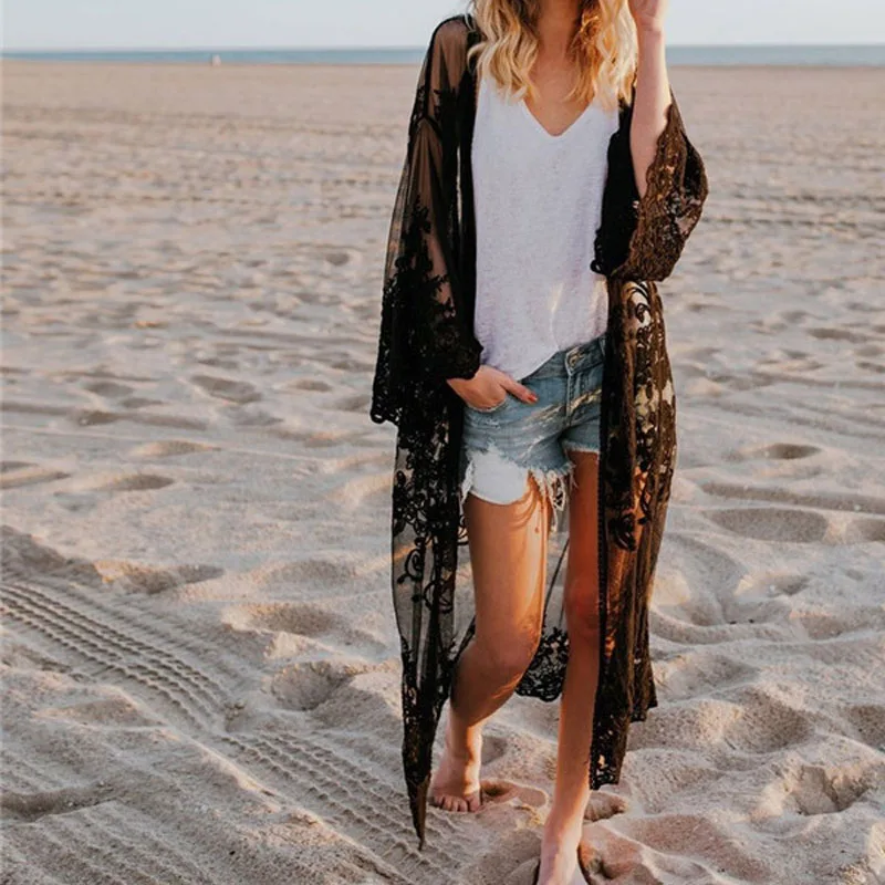 Новинка Пляжная накидка с длинным рукавом кружевные вязаные крючком летние