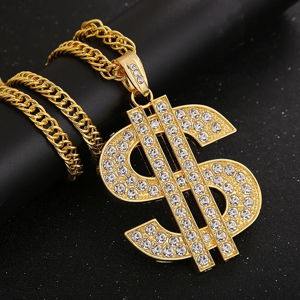 

Hip Hop Crystals Gold Dollar BE RICH Pendant Fashion Link Chain Gift Necklace for Men And Women