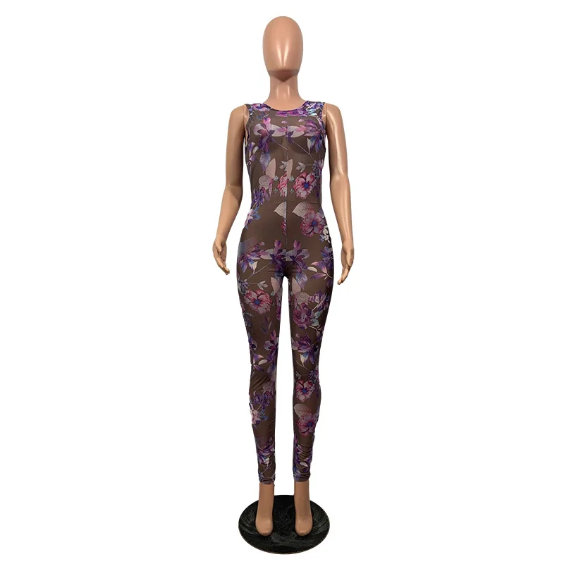 

Sleeveless Print Women Jumpsuit Sexy See Through Mesh Lady O-Neck Backless Night Club Party Skinny Bodycon Rompers 2021 Spring