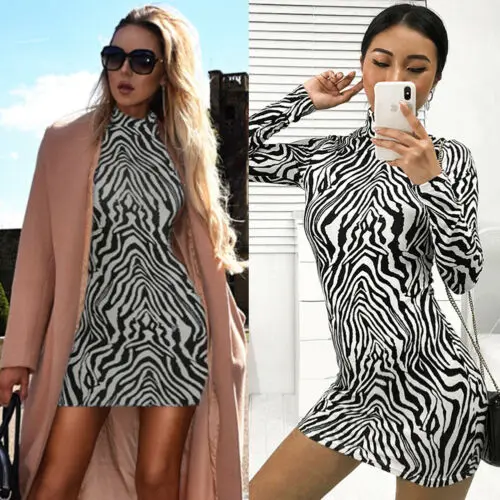 Женское облегающее платье с принтом зебры вечернее длинным рукавом Клубное