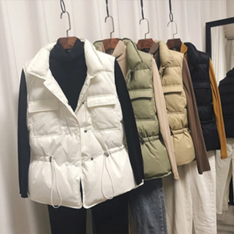 

Winter White Duck Down Warm Women Vest Coat Oversized Thick Zipper Lace Up Waistcoat Female 2021 Autumn Lady Causal Outwear