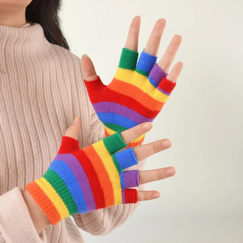 

Kids Winter Knitted Full Half Finger Gloves Rainbow Colorful Striped Mittens T5UF