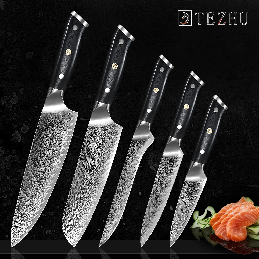 

TEZHU 67 Layers of Damascus Chef Knife Exquisite gift knife set Professional Kitchen Knife G10 Handle With Knives Cover