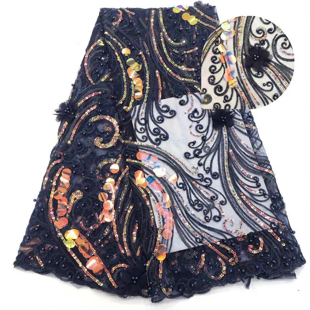 

Женское кружевное платье темно-синего цвета с пайетками и объемным цветком в африканском стиле, вышитое бисером, нигерийский французский т...