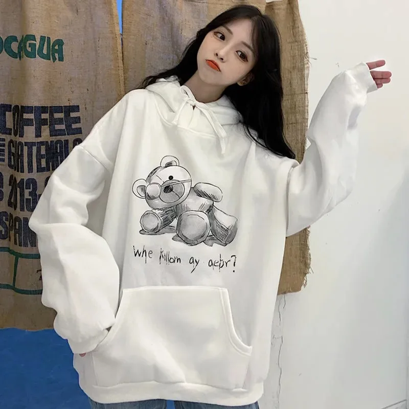 

New Women Sweatshirt Streetwear Thicken Hoodies Printing Cartoon Bear Loose Lazy Long Sleeve Pullover Female Tops Hoodies