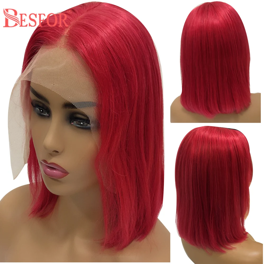 BESFOR Red короткий Боб 13x4 кружевные передние парики человеческие волосы отбеленные