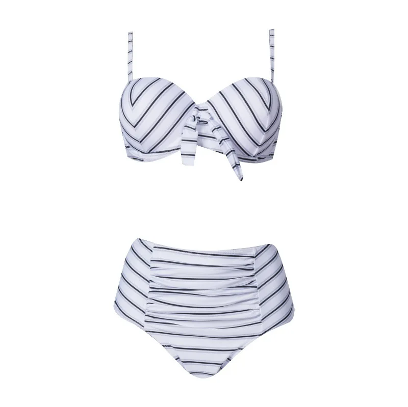 

Plus Size Bikinis Women Sexy Bandeau Swimwear Push Up Bikini Set Stripe Swimsuit Women High Waist Retro Two Piece Bathing Suit