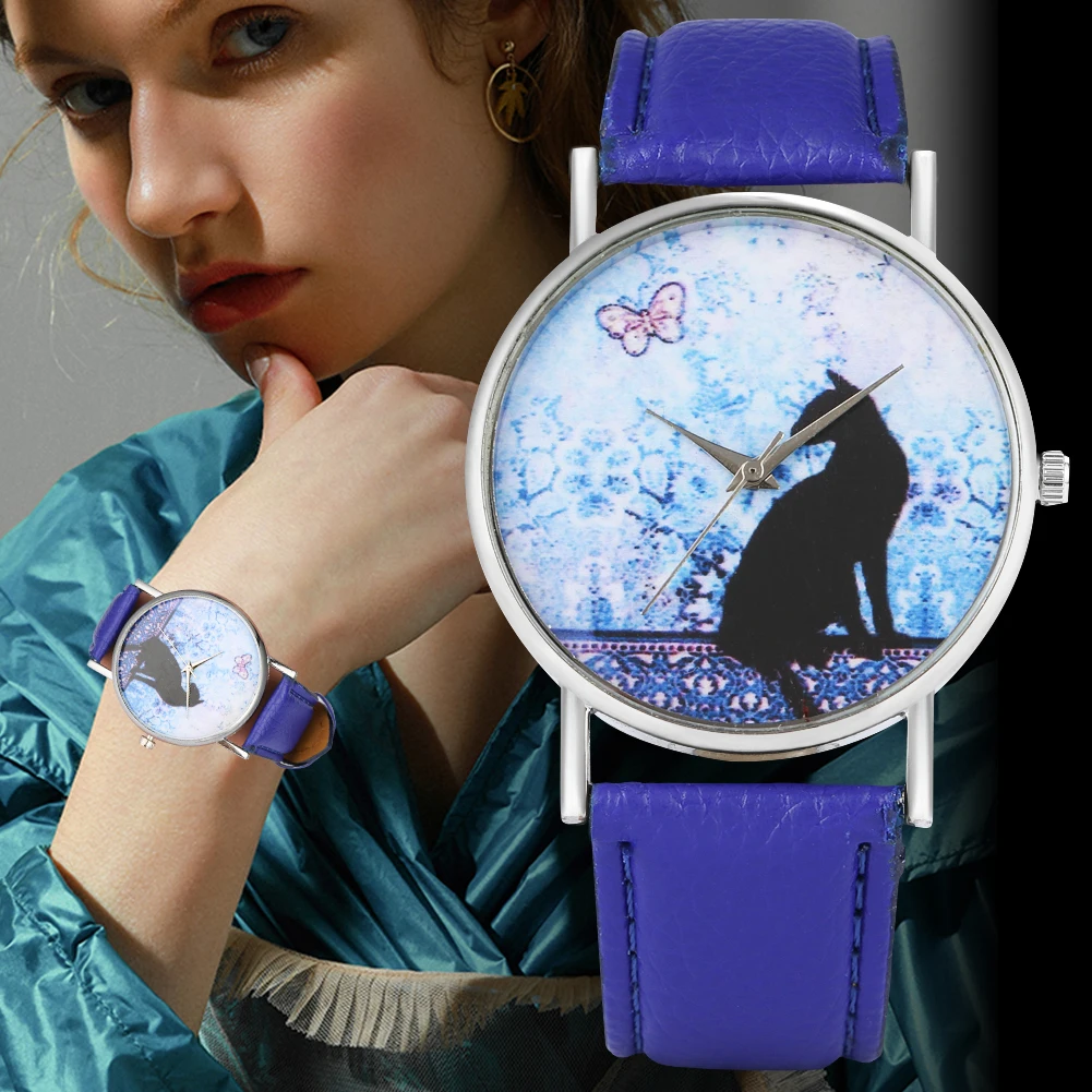 

Beautiful Women Quartz Watch Little Black Wolf Butterfly Pattern Female Clock Black/White/Blue Leather Band Ladies Wristwatches