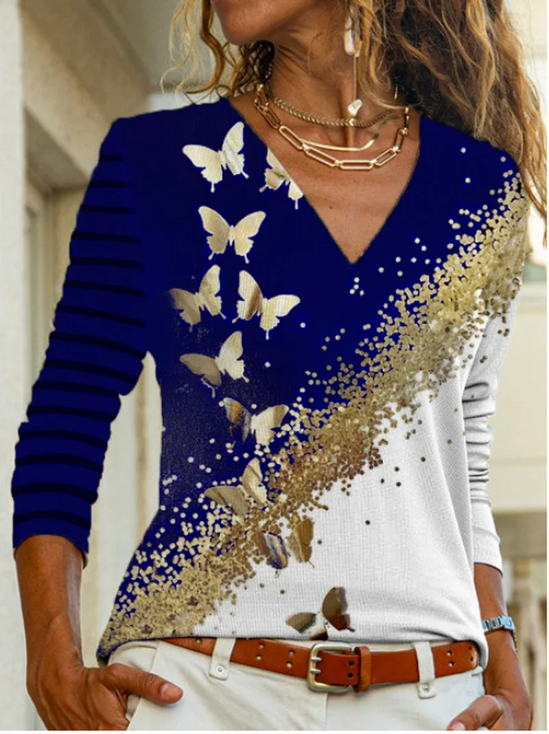 

Woman Tshirts Fashion Vintage Long Sleeve Bow Print Graphic T Shirts Sexy Slim Fit V-neck Tops Harajuku Women Clothing Plus Size