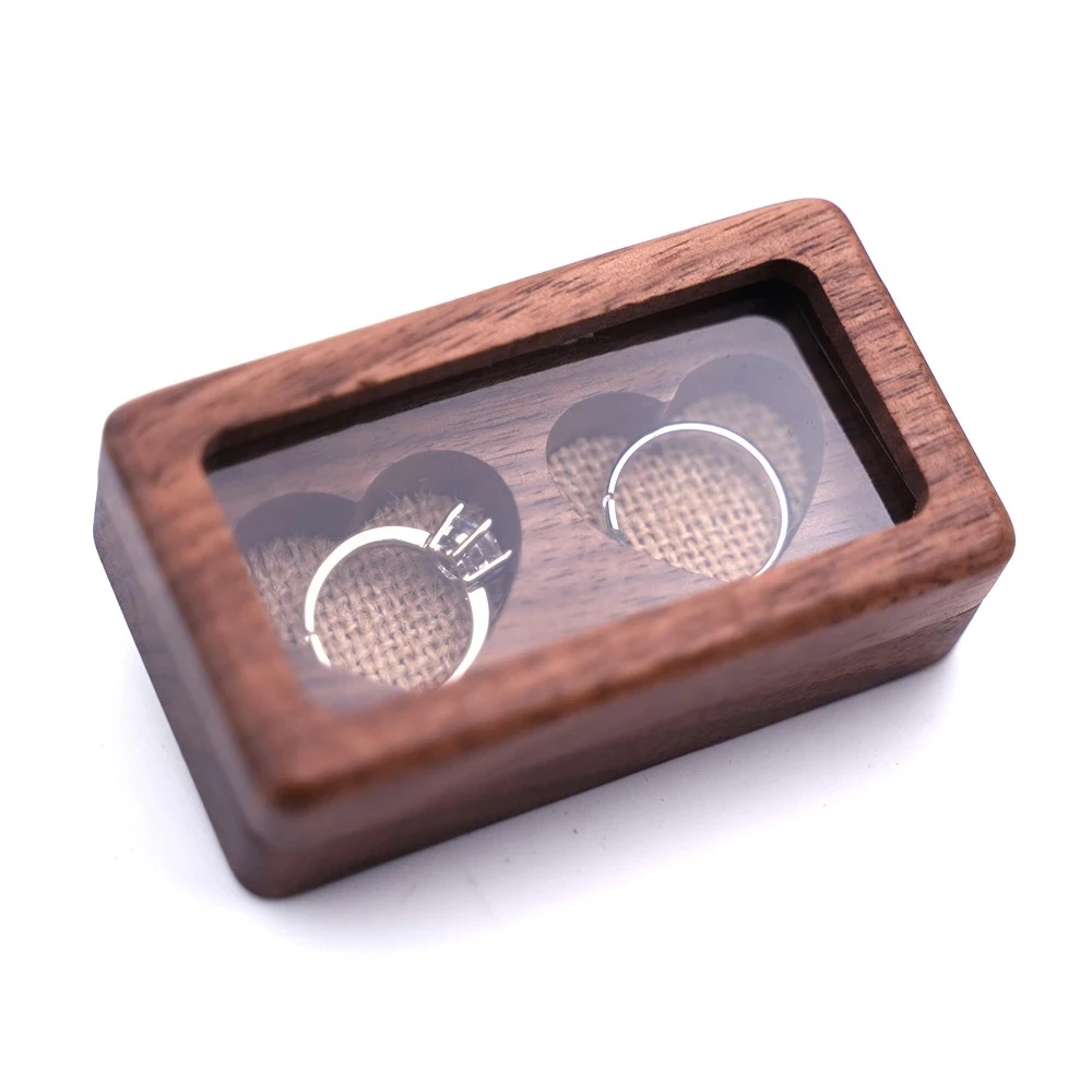 

Walnut Wood Wedding Engagement Double Ring Box Custom Jewelry Gift Packaging Case with Window