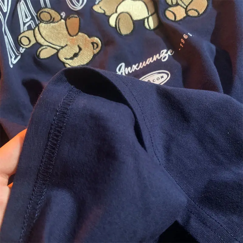 

2021 Summer Cute Retro Embroidery Bear T-shirt Loose Japanese Couple Female Short Sleeves Graphic Tee Kawaii Clothes