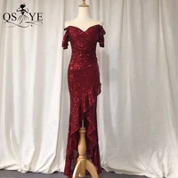 ruffles red evening dress sexy short mermaid prom gown ruched side sleeves burgundy sequin party dress front split v women gown