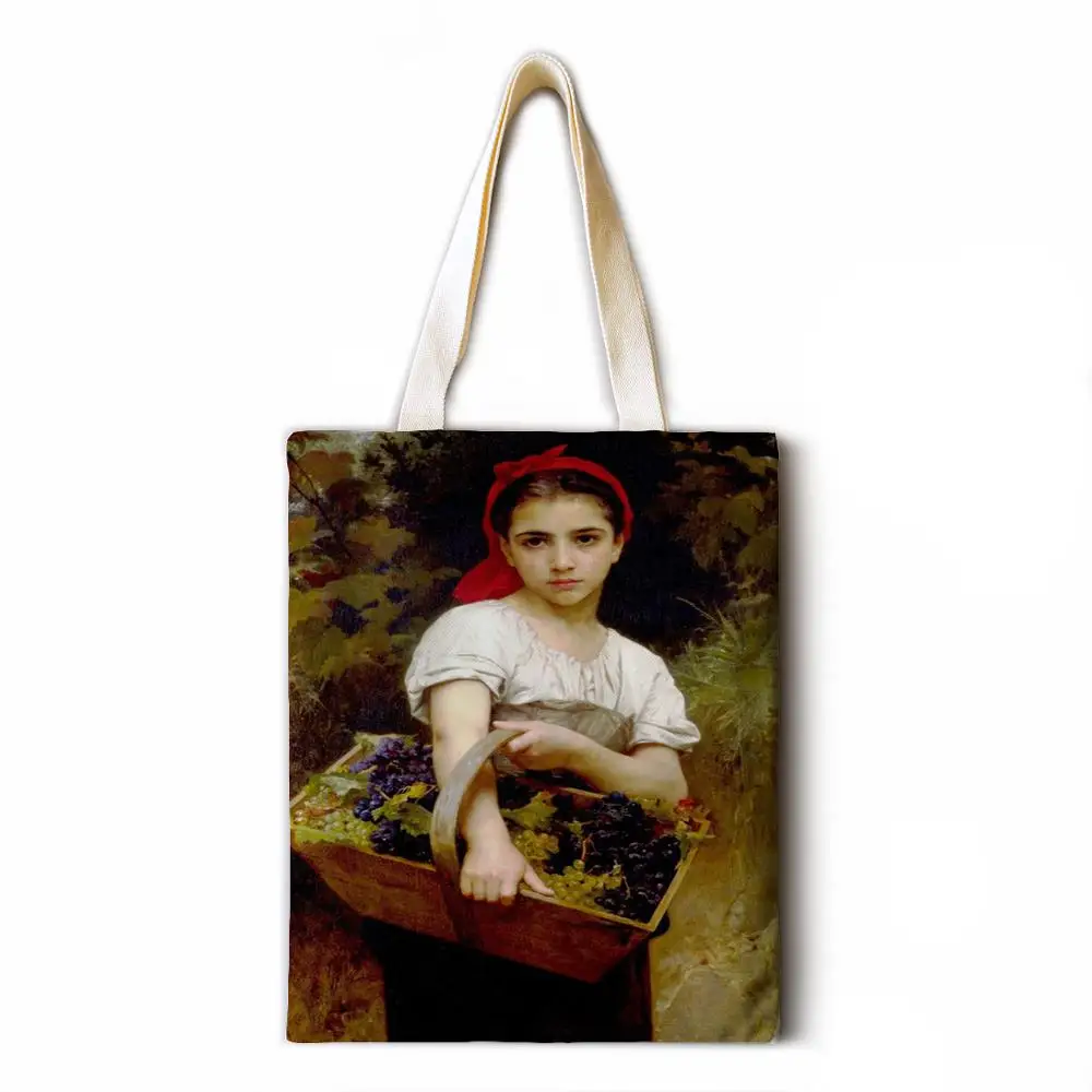 

Renaissance oil painting hemp tote bag fashion shoulder bag ladies leisure ecological shopping high quality foldable handbag