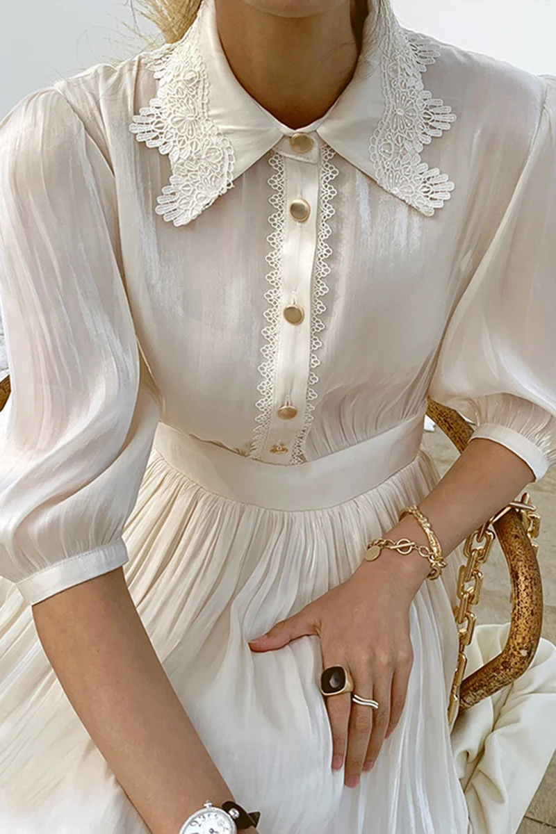 

Women Dress 2021 Summer Korean Chic Elegant Temperament Lapel Lace Stitching Single-Breasted Pleated Gloss Vestidos