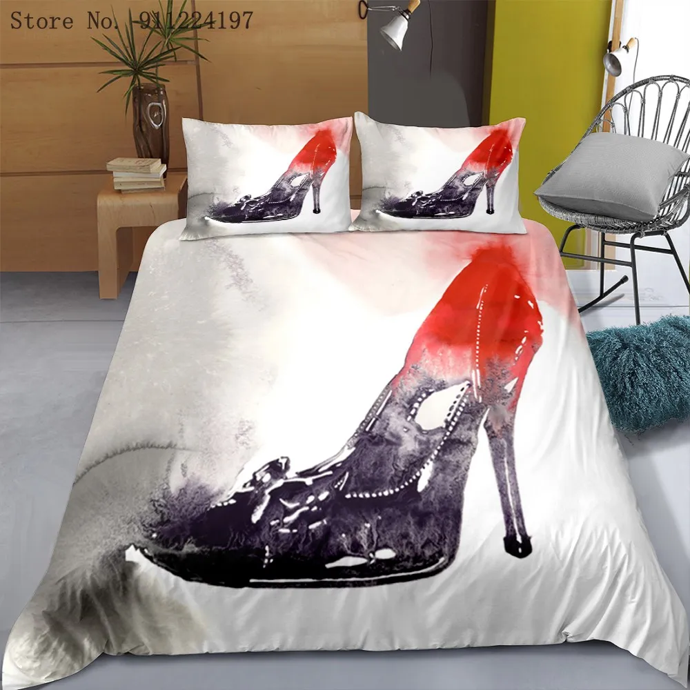 

3D Red High Heels Print Bedding Set Crystal Shoes Bed Sheet High Quality Duvet Cover Single Double Queen King Size Bedclothes