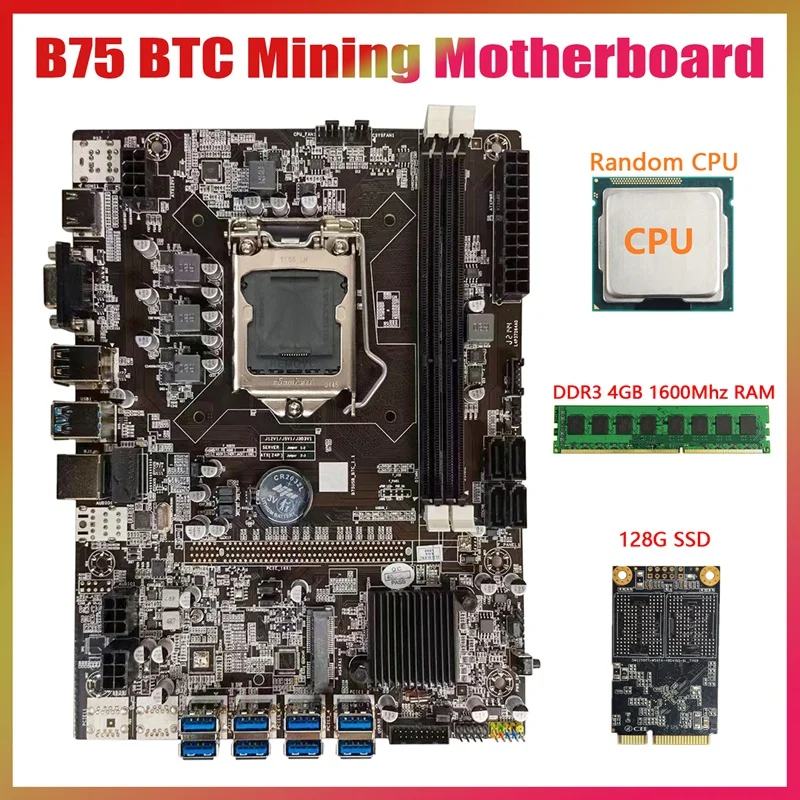 

Материнская плата B75 USB BTC для майнинга + случайный ЦП + DDR3 4 Гб 1600 МГц ОЗУ + 128G MSATA SSD LGA1155 8xpcie на USB B75 BTC материнская плата