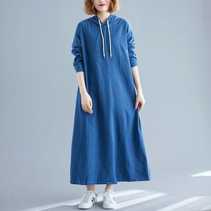 Dress Women 2019 Autumn Fashion Loose Vintage Denim Plus Size Hoodie Sweatshirt Big Ladies Cotton Robe Femme | Женская одежда