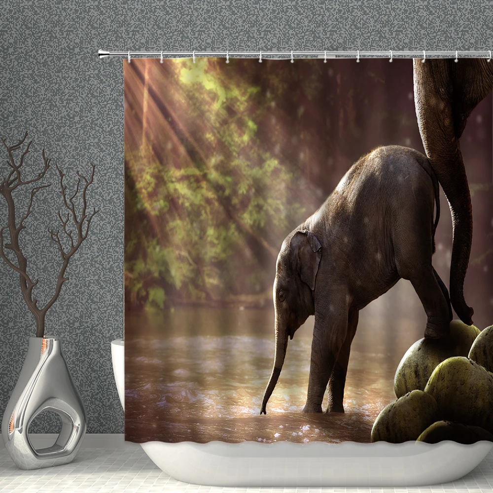 

Elephant Pattern Shower Curtain Walking Animal Waterproof Polyester Fabric Bathroom Accessories Home Decoration With Hooks