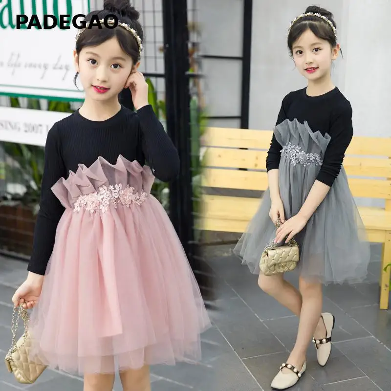 Girls Dress Mesh Patchwork Long Sleeve Children Party Color Matching Pink Princess Dresses Kids Clothes | Детская одежда и обувь