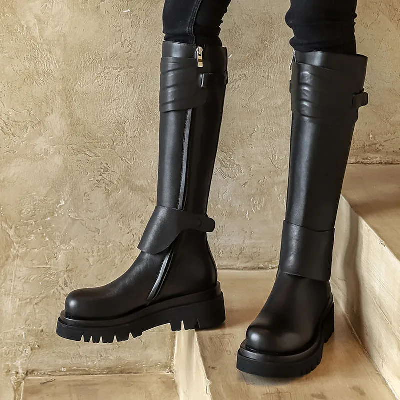 

Platform Woemn Knee Boots Leather Belt Thick Bottom Riding Botas Mujer Black Autumn Winter Platform Boots Zipper Casual Shoes