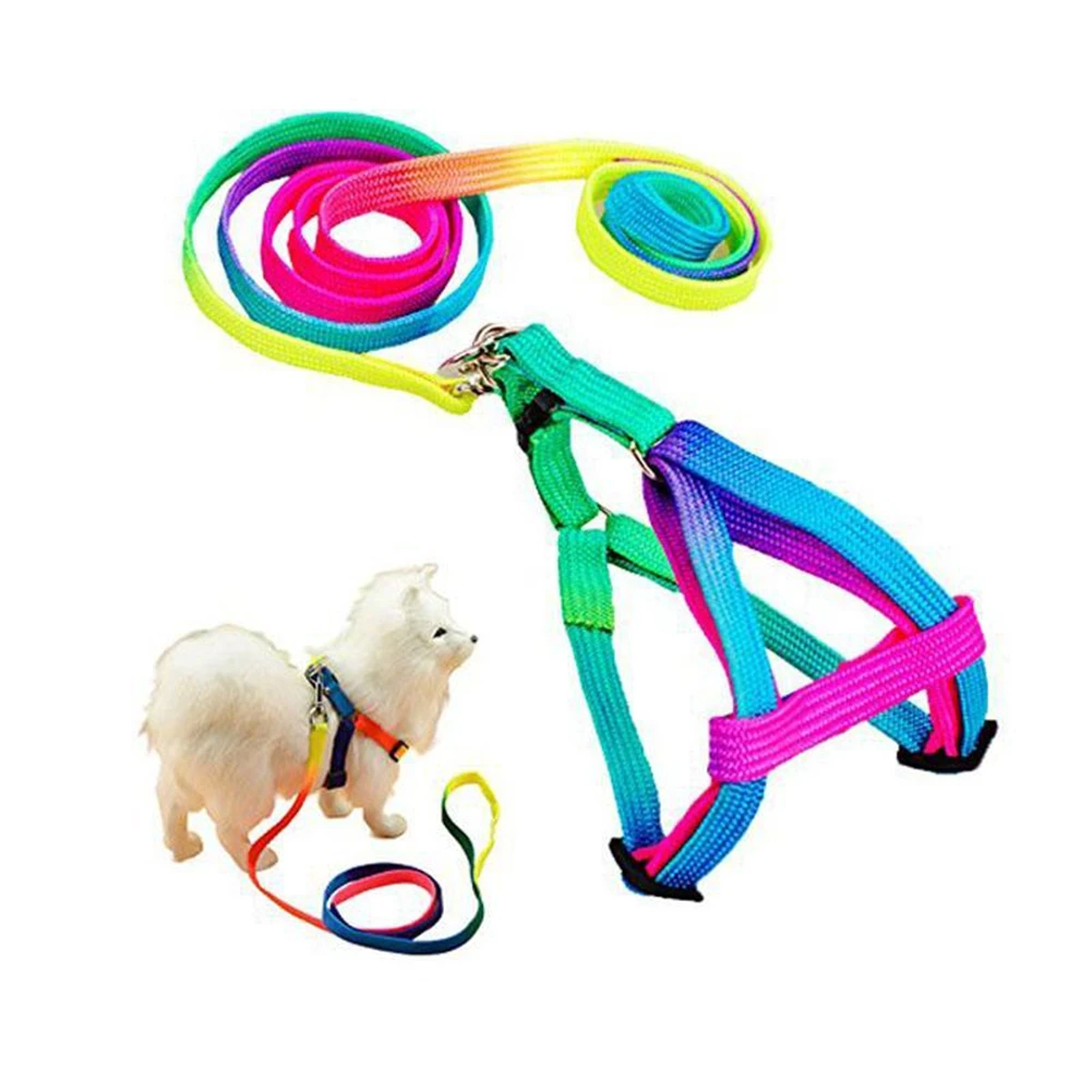 

Adjustable Breakaway Rainbow Nylon Small Rabbit Cat collar leash breast-band Dog lead Harness set goods for Pets