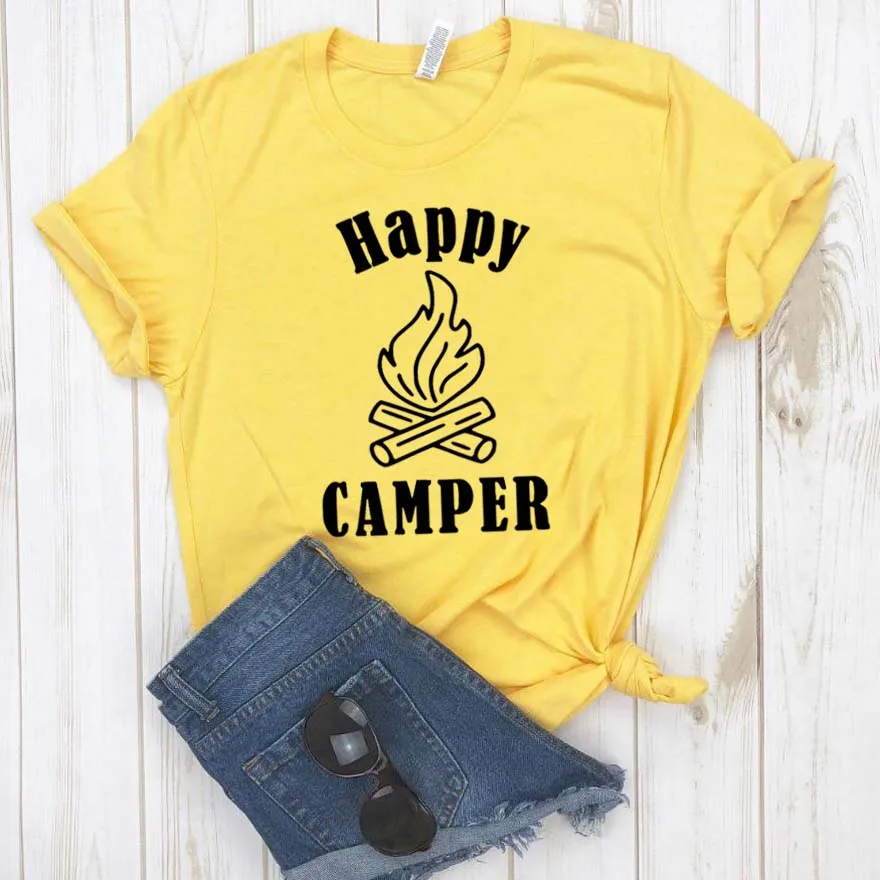 Happy Camper огонь на открытом воздухе с принтом женская футболка хлопок свободный