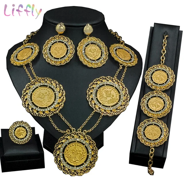 18k gold jewelry Liffly, свадебный подарок, Дубай, Золотые Ювелирные наборы для женщин, модное ожерелье-чокер, нигерийские Свадебные большие африканские бусы, ювелирный набор - Окраска металла: 18k gold jewelry