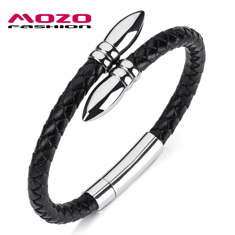 

Simple Style Bangle Charm Bracelets Genuine Leather Rope Spring Buckle Braided Punk Rock Male Fashion Jewelry PS1072