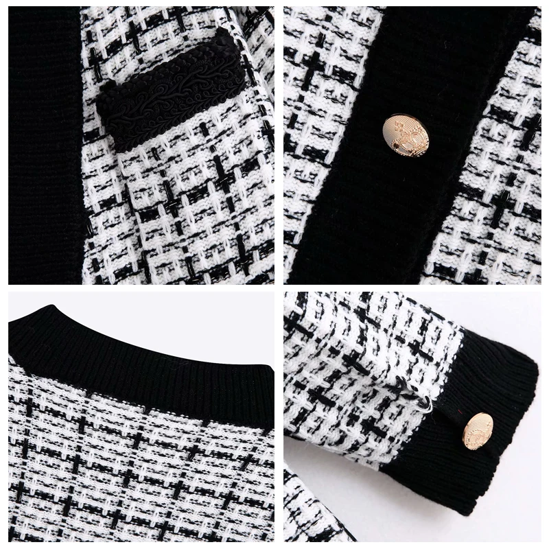 ROHOPO V Collar Long Sleeve Gold Buttons Fly Tweed Sweater Plaid Tops and side Welted Pockets Cardigan Knitted Outwear #9667 |