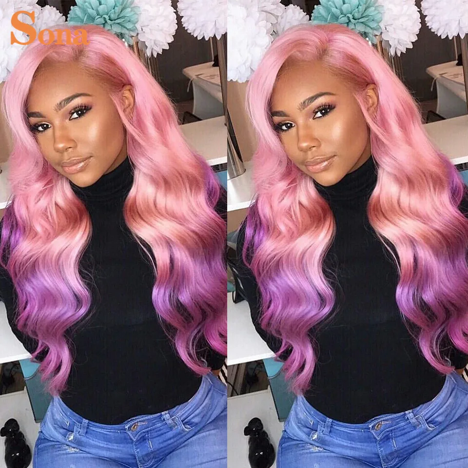 Парики Омбре розовые на сетке спереди волнистые 2 оттенка 13X 4 цвета фиолетовые