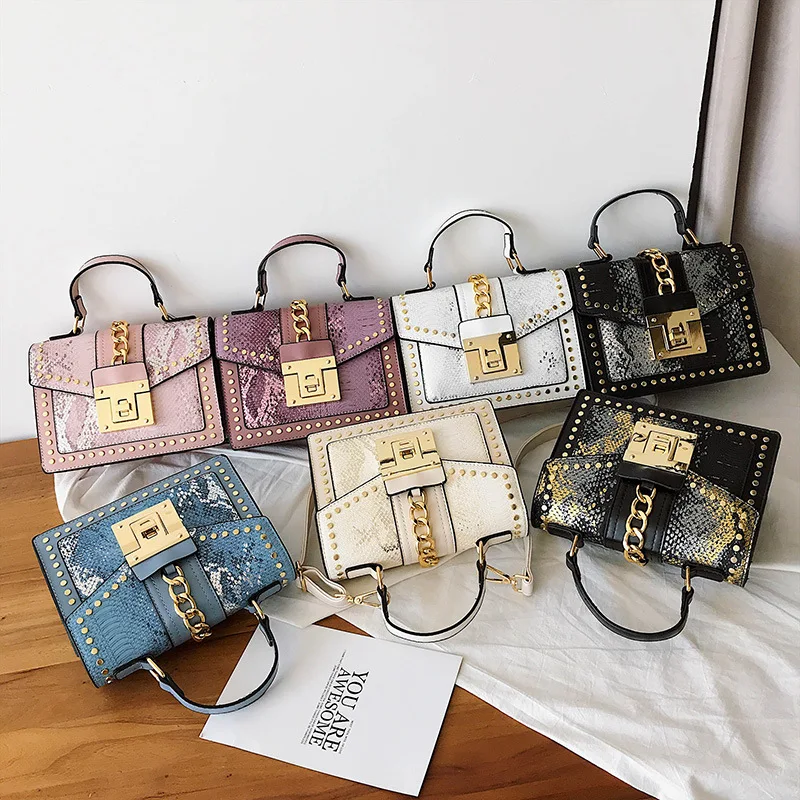 Vintage Snake Pattern Crossbody Bag Flap For Women Chains Rivet Handbags Serpentine Pu Shoulder Messenger Bags Lady Purses 2019 | Багаж и