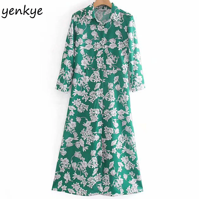 2019 женское зеленое платье рубашка с цветочным принтом длинное элегантное