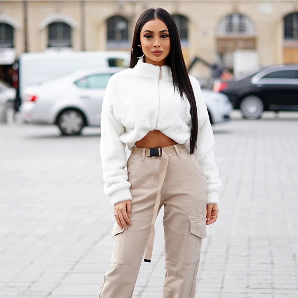 Y2K Fashion Plush Warm Sweatshirt Women Long Sleeve Pullover Loose Jumper Outwear White Hairy Tops Zipper Stand Collar Hoodies