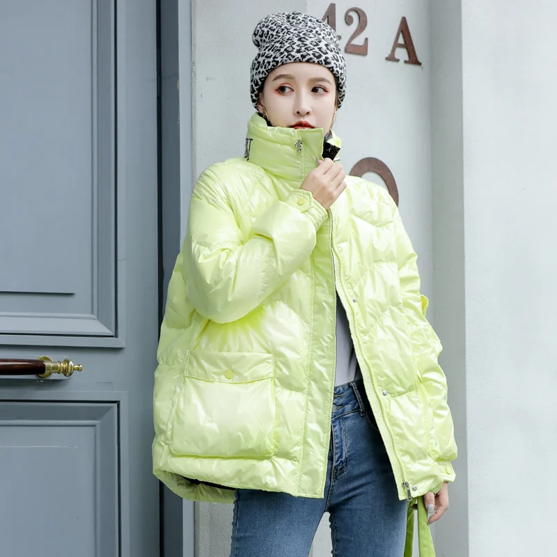 

2021 New Glossy Parka Short Winter Down Coat Women White Duck Down Jacket Loose Thick Warm Stand-up Collar Waterproof Outerwear