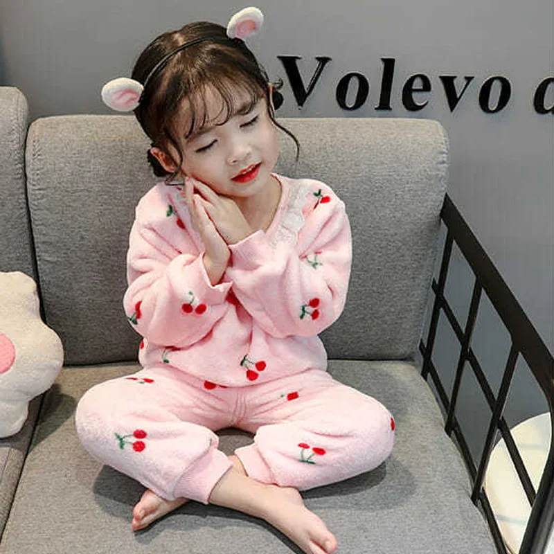 

Long Sleeve Pullover+Pants Cute Cherry Printed Pajamas For Baby Suit Flannel 2-Piece Set Tops+Trousers Set Boys Girls Sleepwear