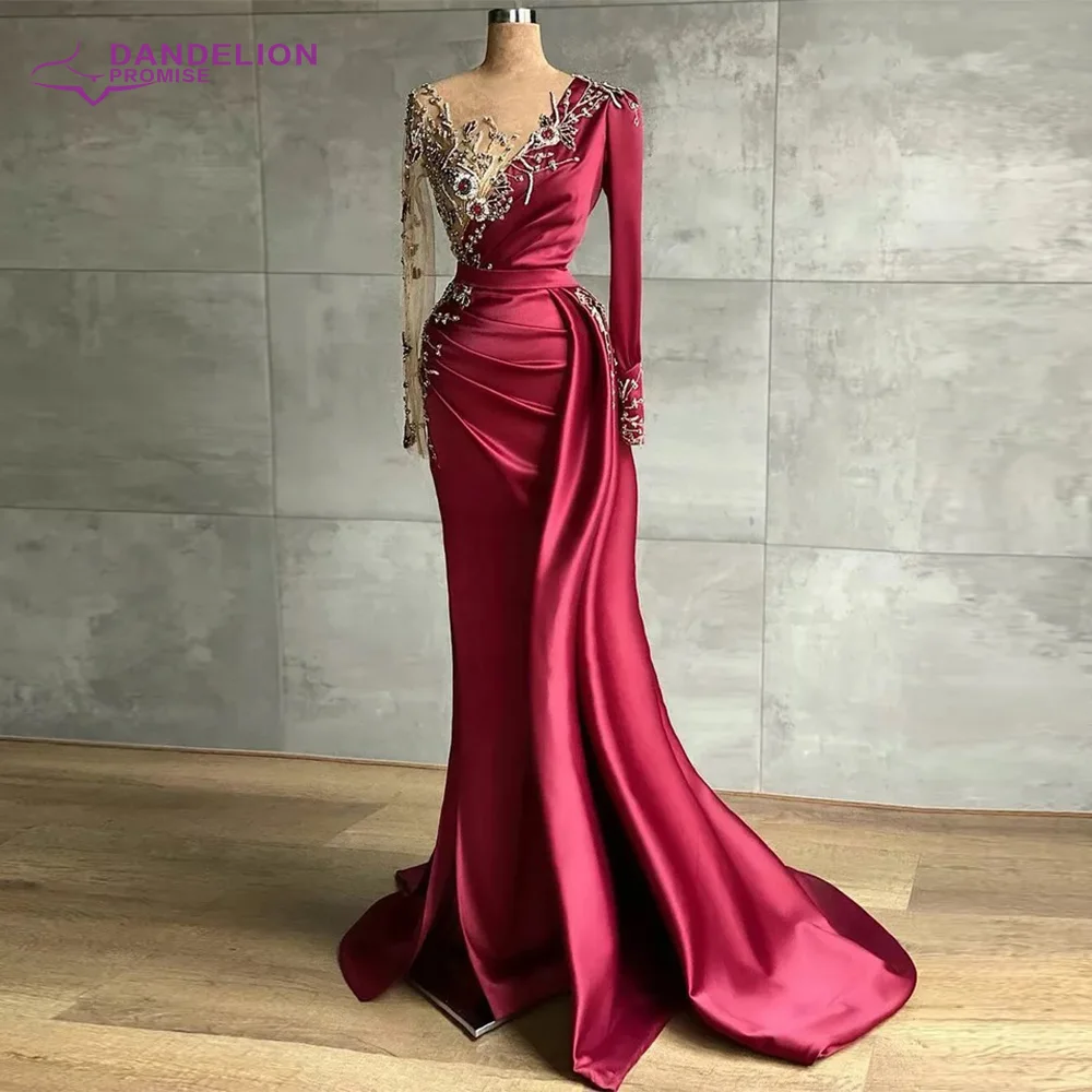 

Muslim Wine Red Luxury Mermaid Evening Dresses Gowns 2021 Long Sleeve Satin Elegant Beading For Women Party
