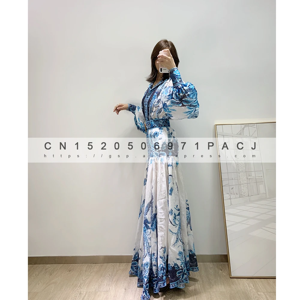 ZM high-quality retro ethnic wind Linen silk blue phoenix print stand collar lantern sleeve dress | Женская одежда