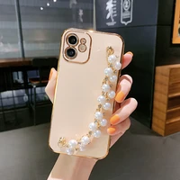 luxury plating pearl chain phone case for iphone 11 12 13 pro max mini xs max x xr 7 8 plus se 2020 wrist bracelet cover case