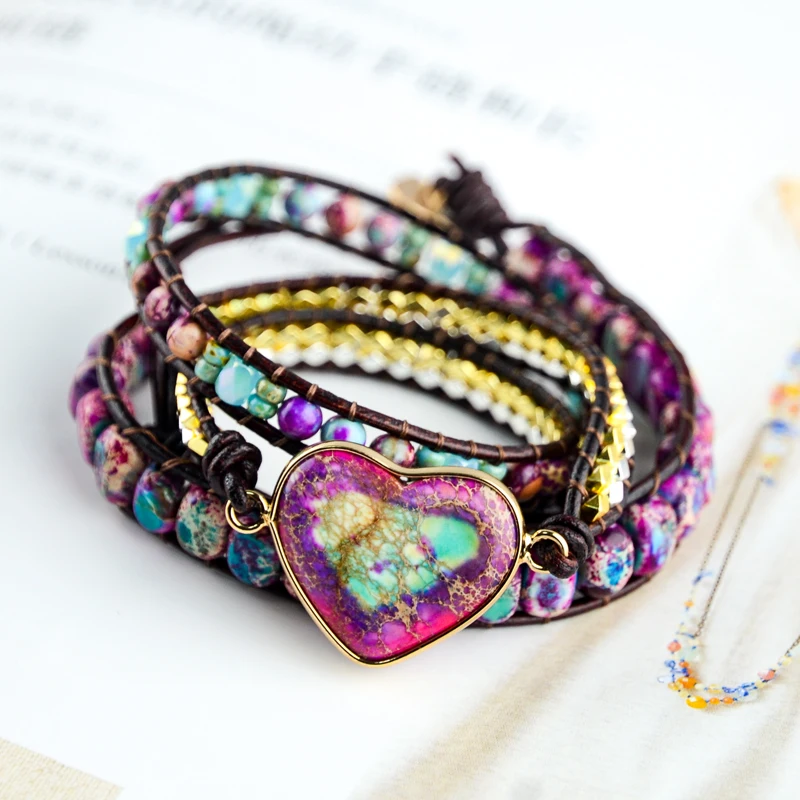 

Romantic Spiritual Chakra Leather Wrap Bracelets W/ Mix Stone Heart Shape 3 Strands Bracelet Classic Jewelry Bijoux Dropshipping