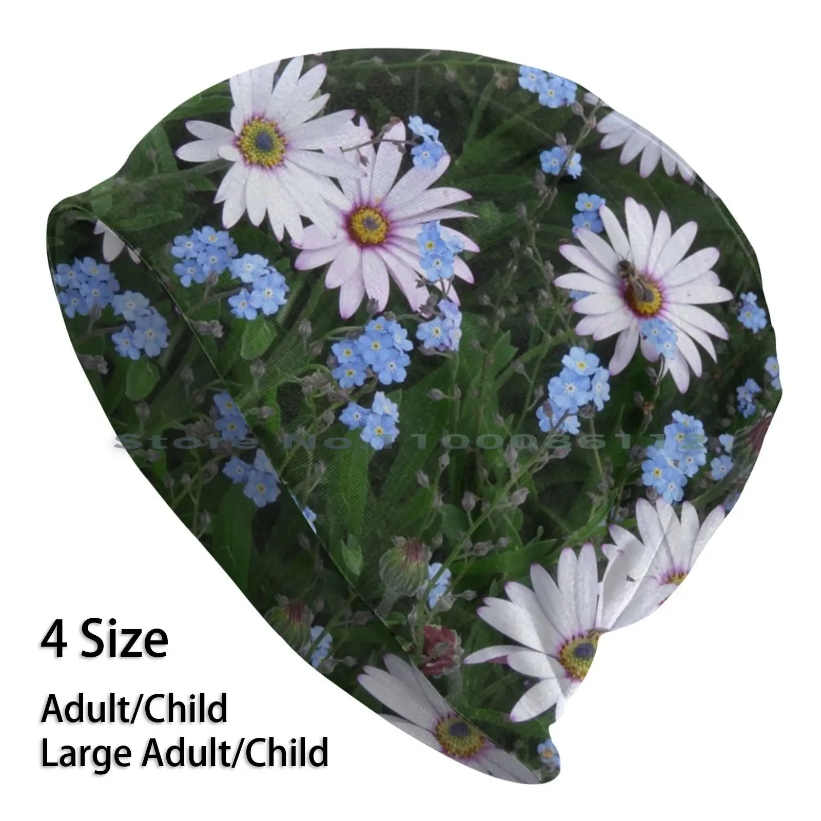 

Pretty Flowers And A Bee Beanies Knit Hat Cuisinecat2 White Daisy Daisies Pink Wild Flowers Blue Flowers Forget Me Nots Spring