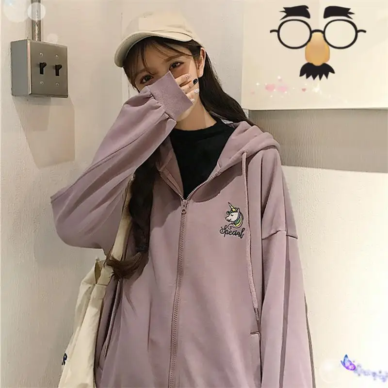 

Spring Autumn Harajuku Cartoon Hoodie With Zipper Women Sweatshirt Fashion Oversized Hoodies Outerwear For Girls Student