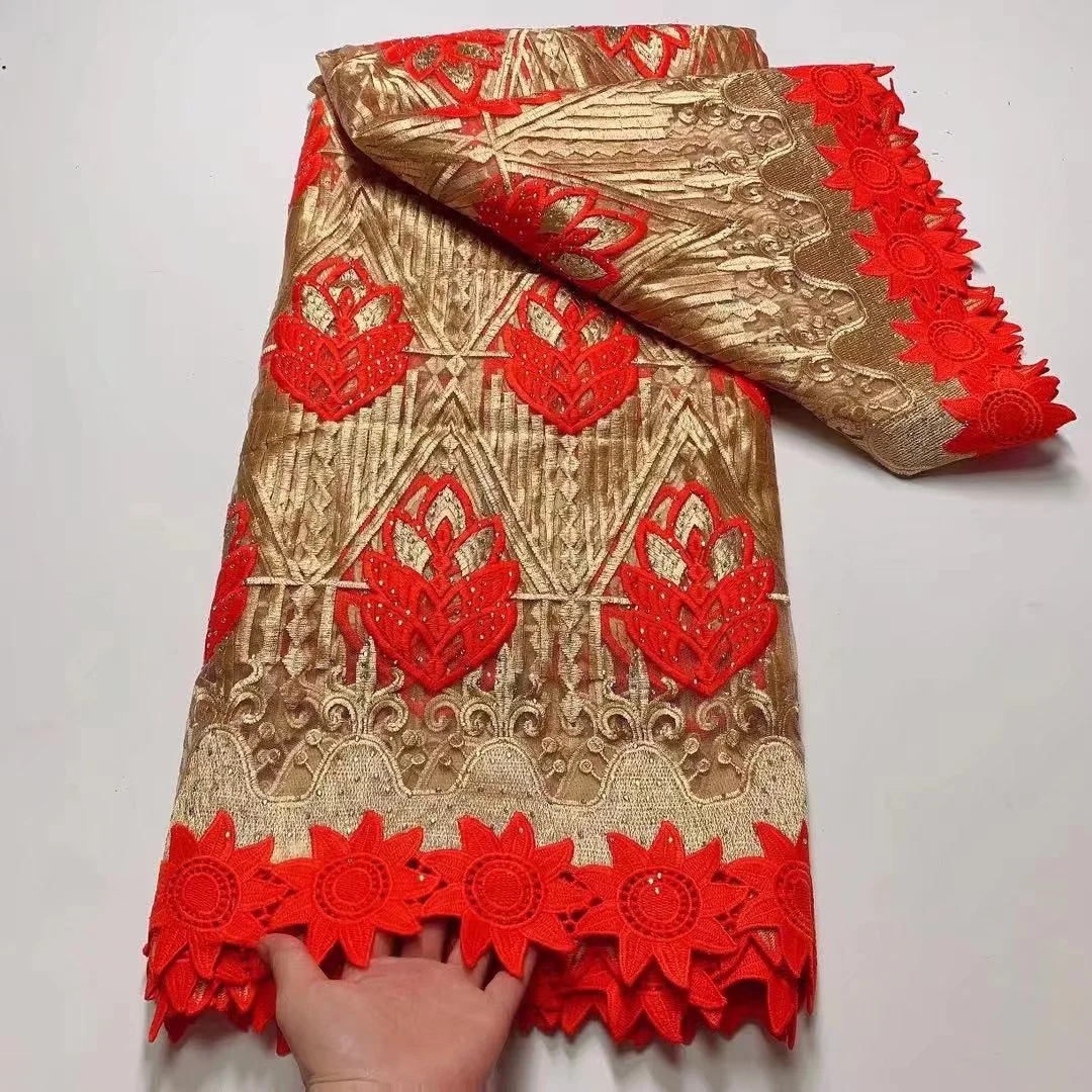 Дешевая гипюровая Высококачественная Красная Вышивка африканская кружевная