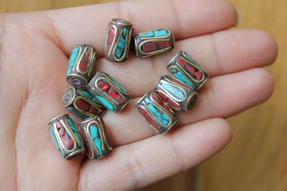 

BD114 Nepalese Brass Colorful Stone Cylinder Diy Beads For Jewelry Handmade 11mm*8mm Spacers Beads Accessories 10 pcs beads Lot