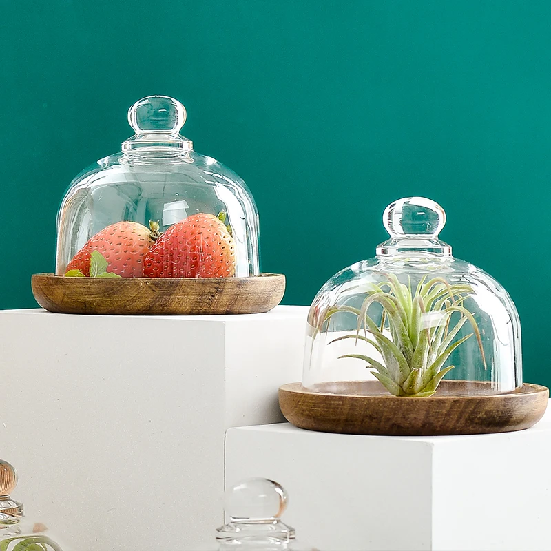 Тарелка для торта из массива дерева акации стеклянная крышка десертного стола