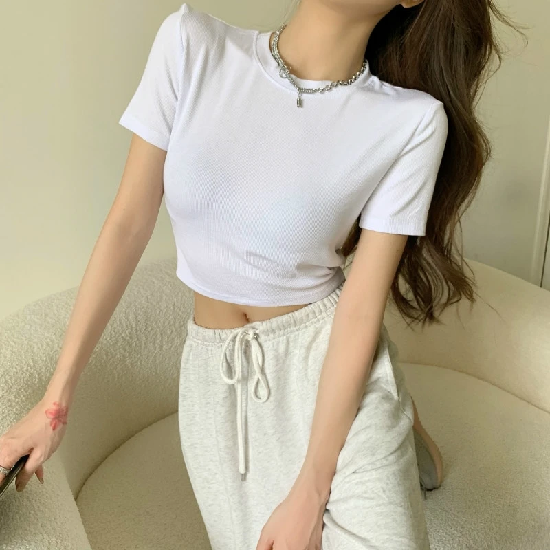 

INS Trendy Sexy Short Midriff-Baring Top 2021 Summer New Close-Fitting and Slim-Fitting Black round Neck Short Sleeve T-shirt