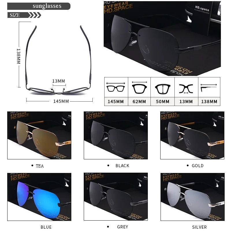 Солнцезащитные очки Мужские поляризационные прозрачные без оправы с пленочным